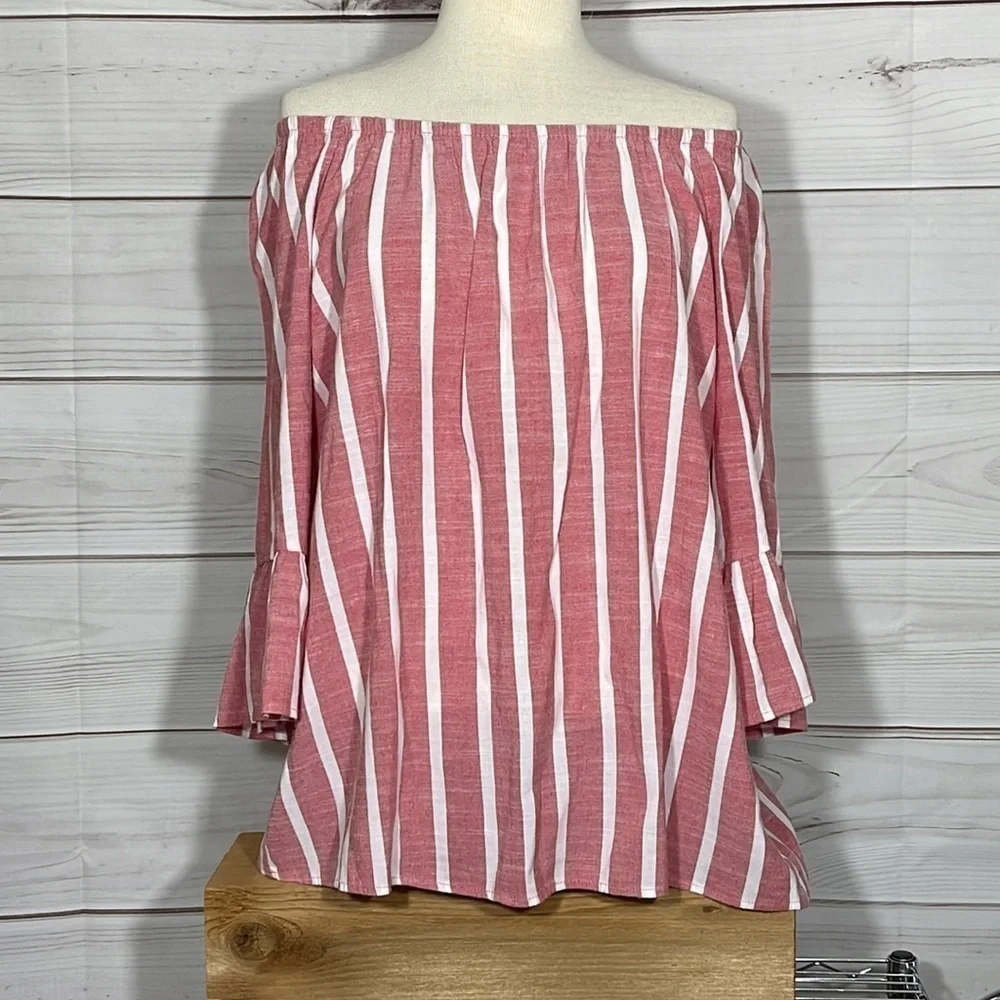 Red & White Striped Off the Shoulder Boho Fever Top Size 1X - Picture 3 of 9